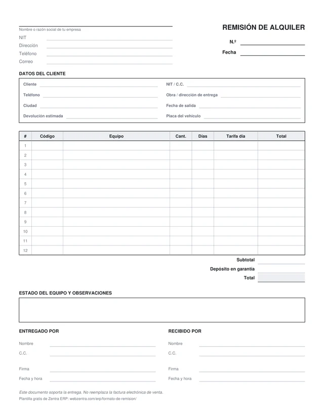 Vista previa del formato de remisión de alquiler: datos del cliente y la obra, fechas de salida y devolución, placa del vehículo, tabla de equipos con cantidad, días y tarifa por día, depósito en garantía, estado del equipo y firmas
