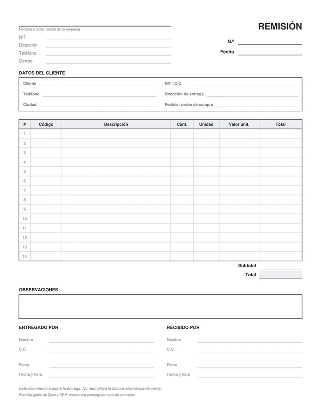 Vista previa del formato de remisión de entrega: datos de la empresa, número y fecha, datos del cliente, tabla de productos con cantidad, unidad, valor unitario y total, observaciones y firmas de quien entrega y quien recibe
