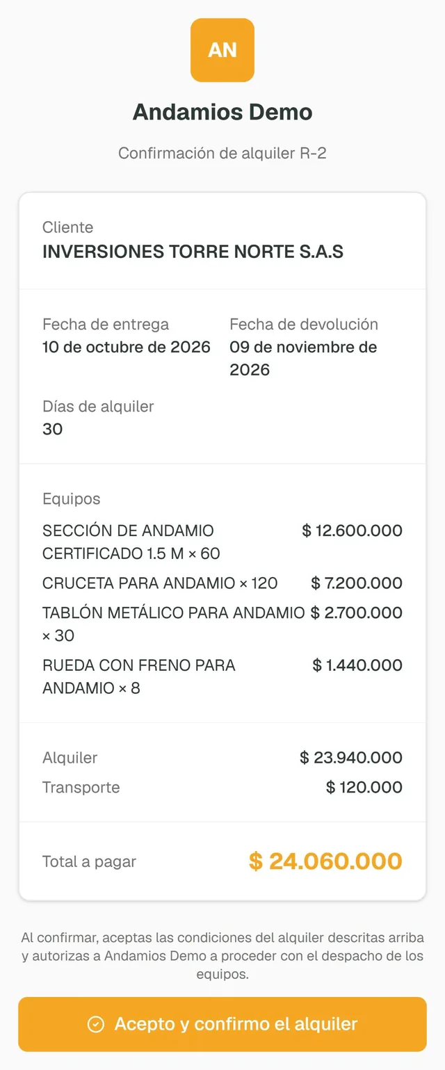 Página de confirmación del alquiler en el celular del cliente, con los equipos, las fechas y el total